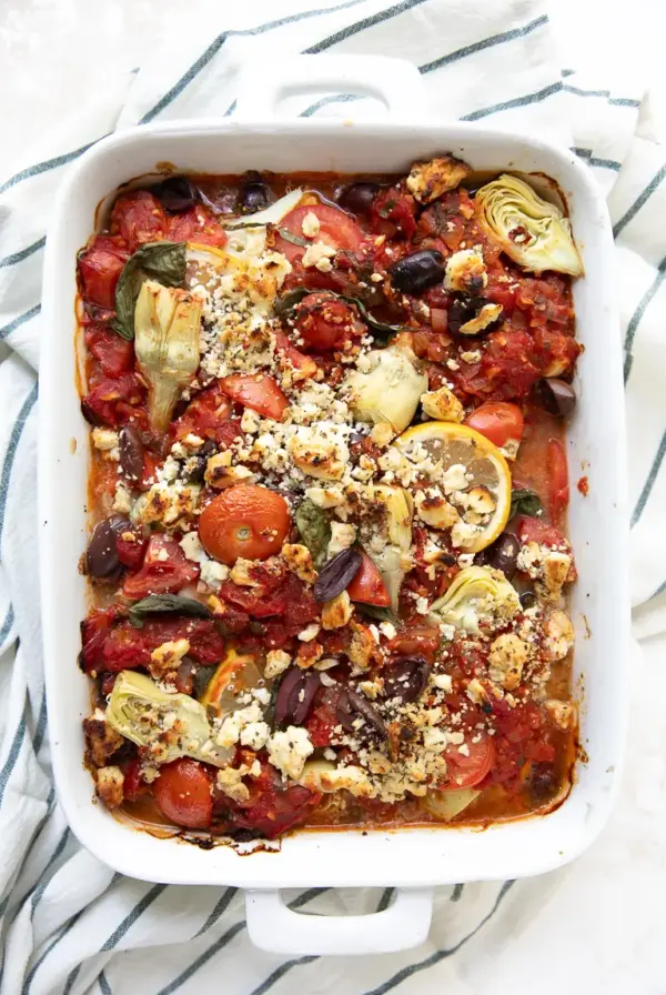 Mediterranean Baked Fish in white rectangular baking dish.