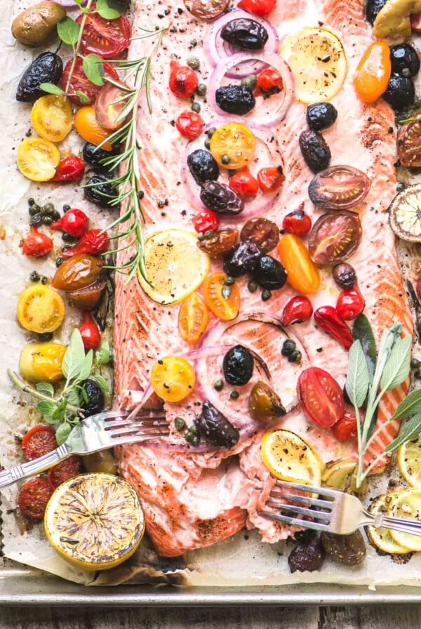 Mediterranean Sheet Pan Roasted Salmon.