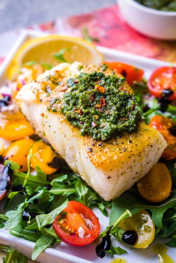Sea Bass with Arugula Pesto.