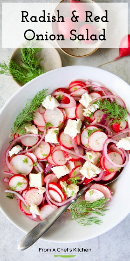 Pinterest graphic for Radish and Red Onion Salad showing it in an oval white bowl garnished with fresh dill.