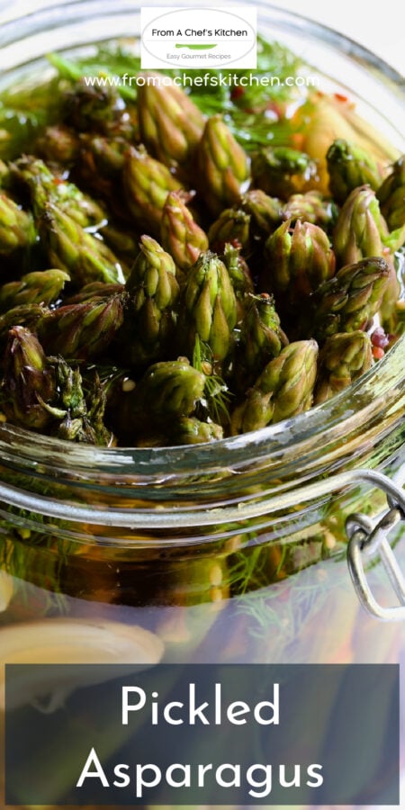 Pinterest graphic for Pickled Asparagus showing it in a glass jar.