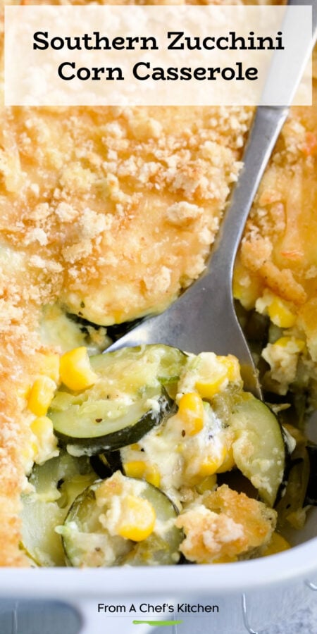 Pinterest graphic for Zucchini Corn Casserole showing it close up.