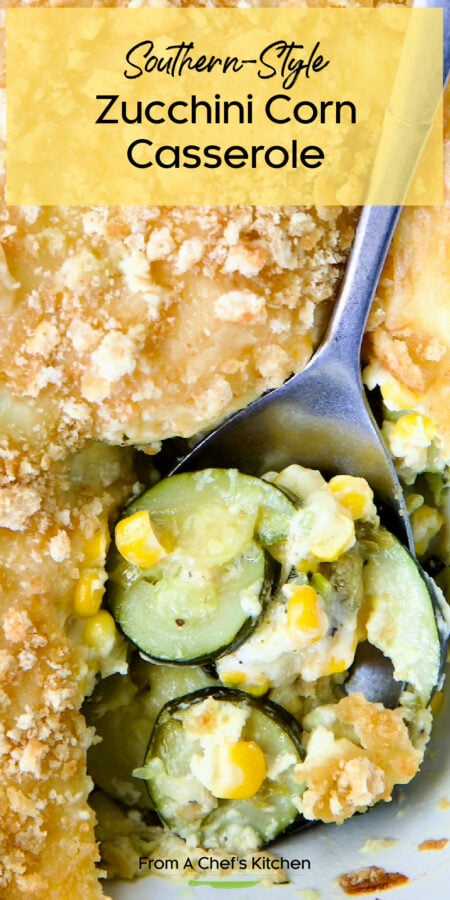 Pinterest graphic for Zucchini Corn Casserole showing it close up.