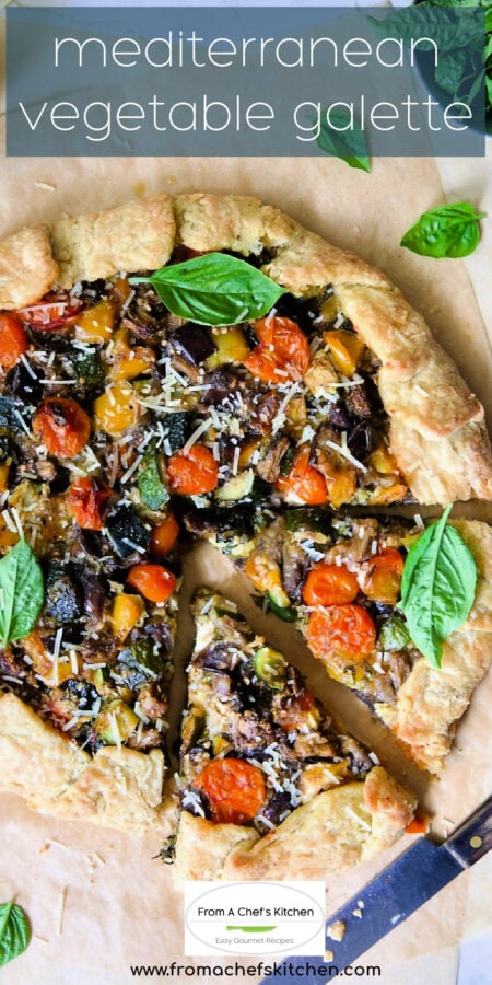 Pinterest graphic for Mediterranean Vegetable Galette showing it cut into wedges.