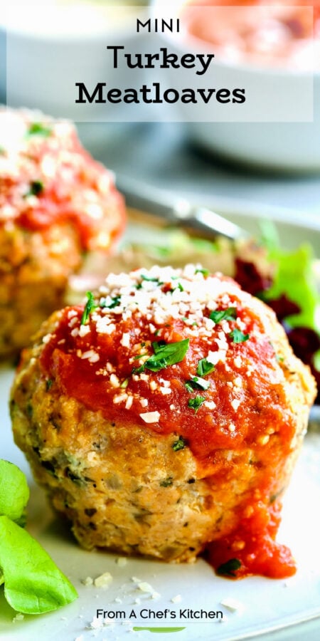 Pinterest graphic for Turkey Meatloaf Muffins showing one on white plate surrounded by greens.