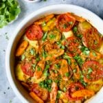Moroccan Potato Tagine in round white baking dish.
