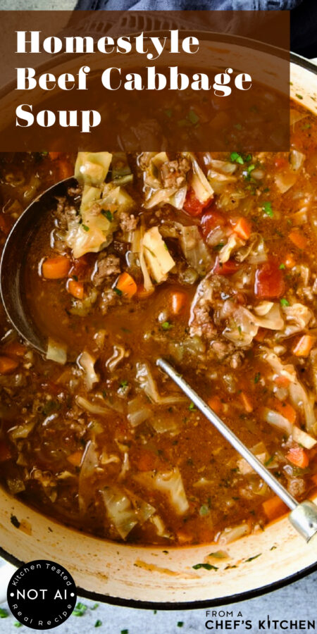 Pinterest graphic for Beef Cabbage Soup showing it in a white enamel Dutch oven with soup ladle.