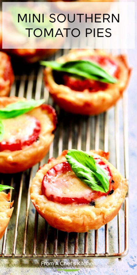 Pinterest graphic for Mini Southern Tomato Pies showing them on a wire cooling rack.