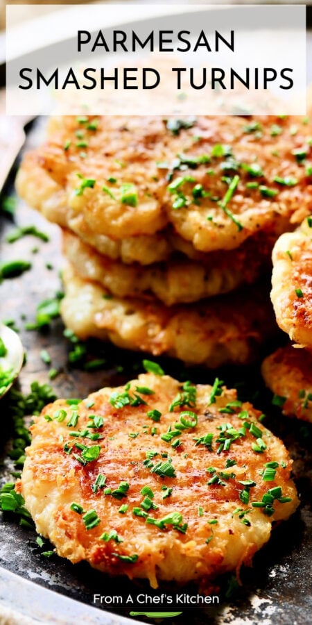 Pinterest graphic for Parmesan Smashed Turnips showing a stack on a platter.