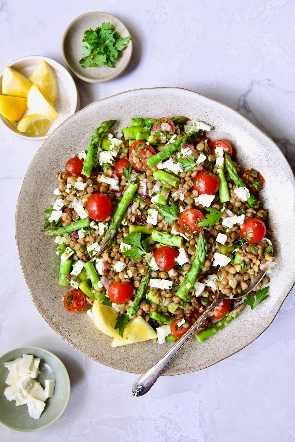 Lemony Lentil Salad with Asparagus and Tomatoes in round earthenware serving bowl with serving spoon.