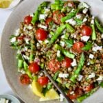 Lemony Lentil Salad with Asparagus and Tomatoes in round earthenware serving bowl with serving