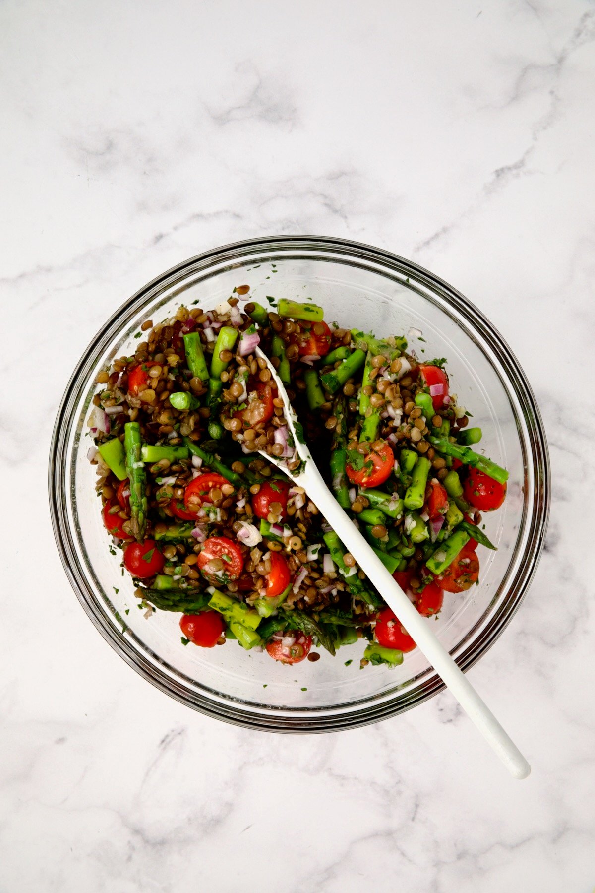 Ingredients for Lemony Lentil Salad with Asparagus and Tomatoes in glass bowl after being combined.