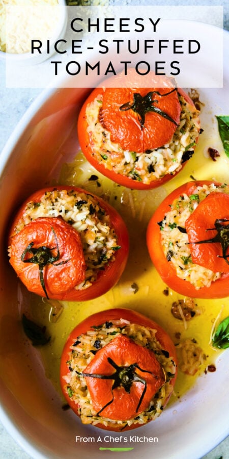 Pinterest graphic for Cheesy Rice-Stuffed Tomatoes showing four in an oval white baking dish.