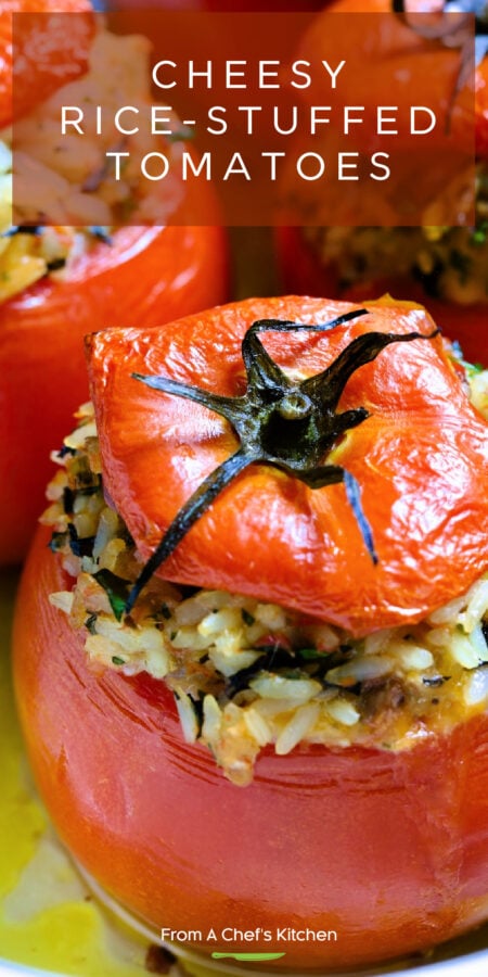 Pinterest graphic for Cheesy Rice-Stuffed Tomatoes showing one close-up.