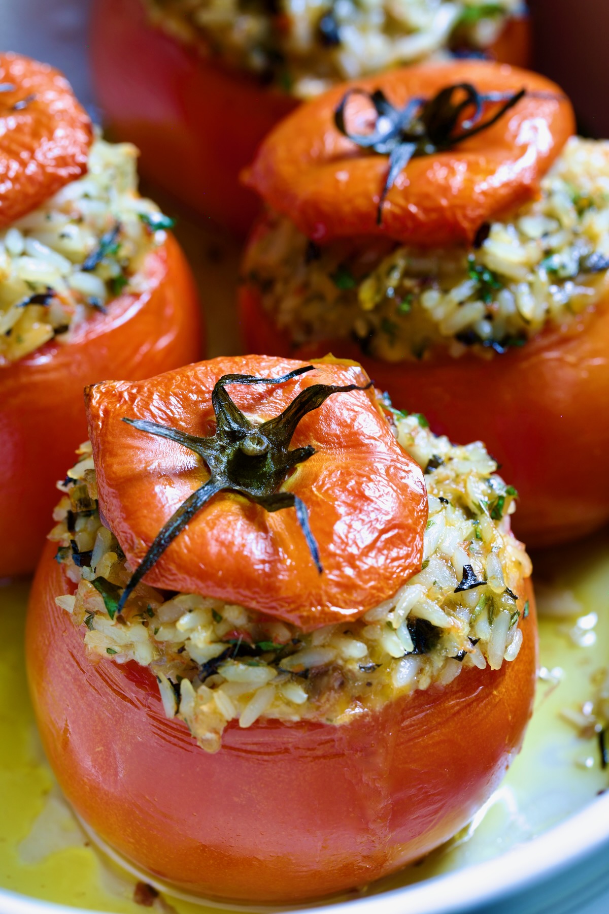 Close-up of a Cheesy Rice Stuffed Tomato.