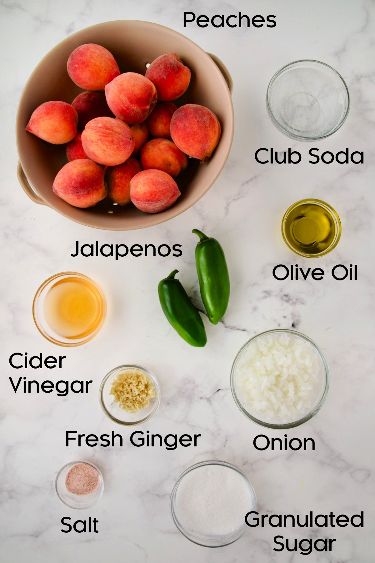 Ingredients for Peach Jalapeno Chutney in glass bowls.