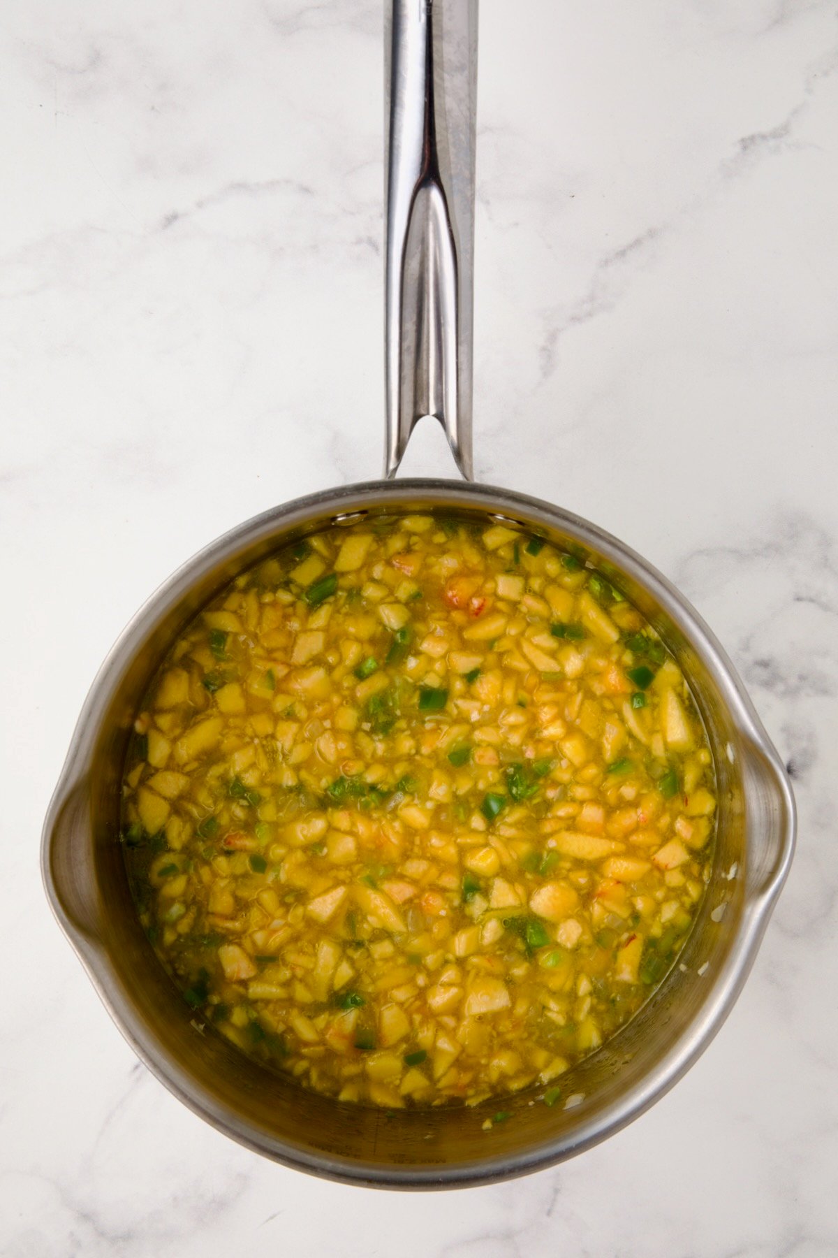 Peaches, onions and jalapeno in stainless steel saucepan.