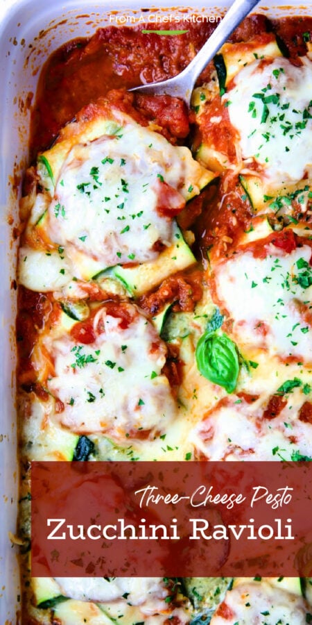 Pinterest graphic for Zucchini Ravioli showing it in a white baking dish.