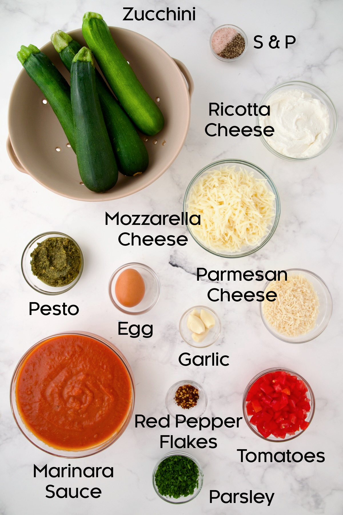 Ingredients for Zucchini Ravioli in glass bowls.