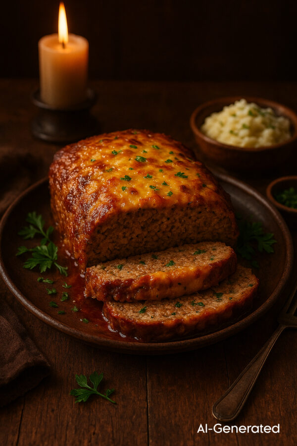 AI-generated photo of cheesy meatloaf.