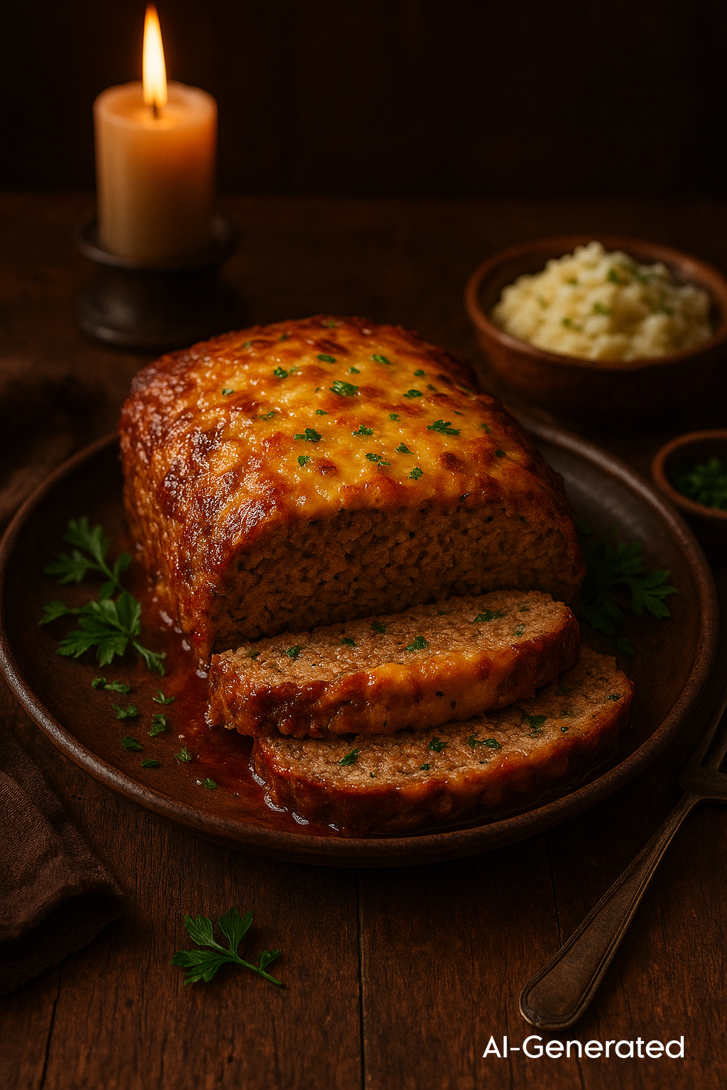 AI-generated photo of cheesy meatloaf.