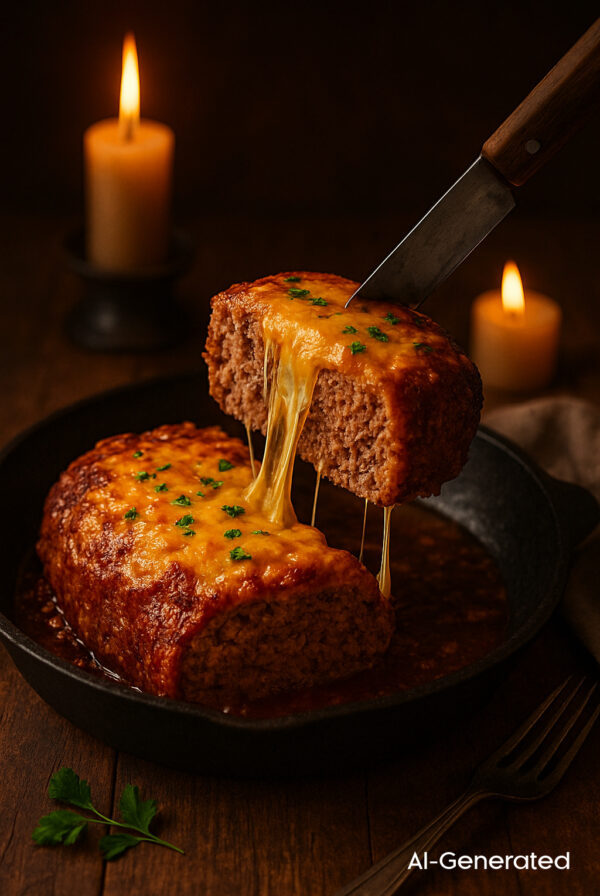 AI-generated photo of cheesy meatloaf with a knife picking up a thick slice.