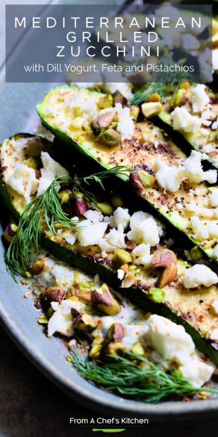 Pinterest graphic for Mediterranean Grilled Zucchini with Dill Yogurt and Feta showing it on a blue oval platter.