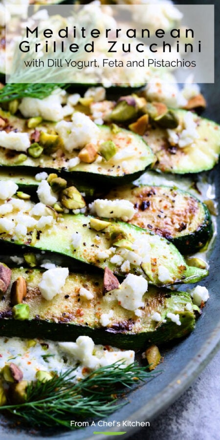 Pinterest graphic for Mediterranean Grilled Zucchini with Dill Yogurt and Feta showing it on a blue oval platter.