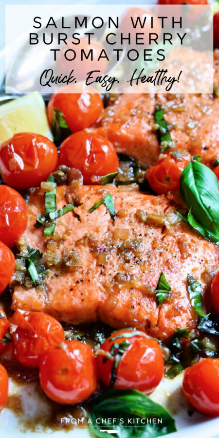 Pinterest graphic for Salmon with Cherry Tomatoes showing it on an oval white platter garnished with fresh basil.