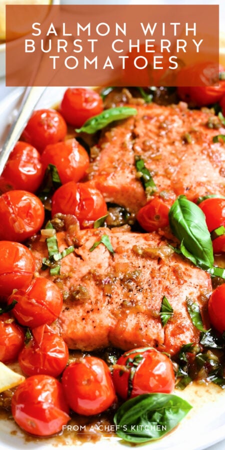 Pinterest graphic for Salmon with Cherry Tomatoes showing it on an oval white platter garnished with fresh basil.