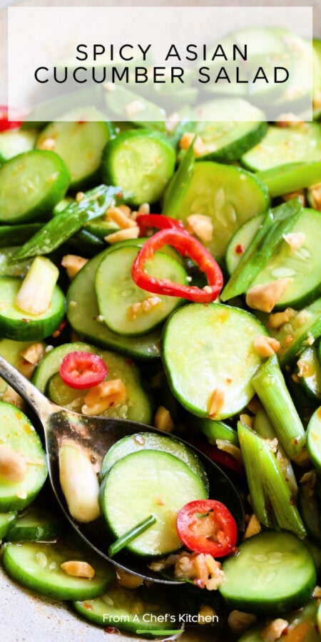Pinterest graphic for Spicy Asian Cucumber Salad showing it in an earthenware bowl with serving spoon.