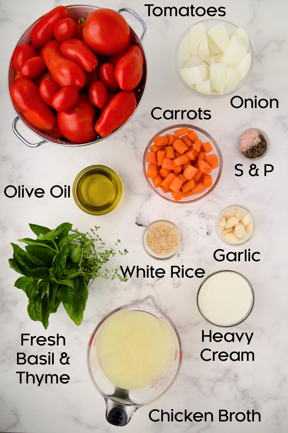 Ingredients for Creamy Tomato and Basil Soup in glass bowls.