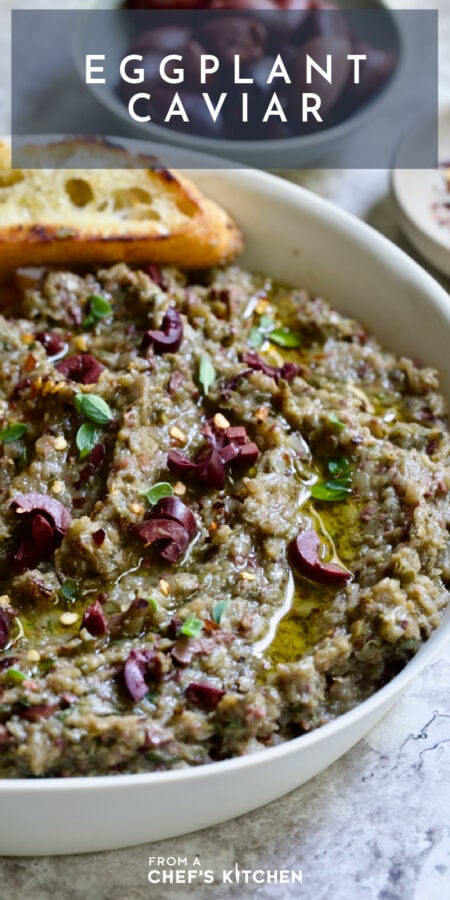 Pinterest graphic for Eggplant Caviar showing it in a white bowl.