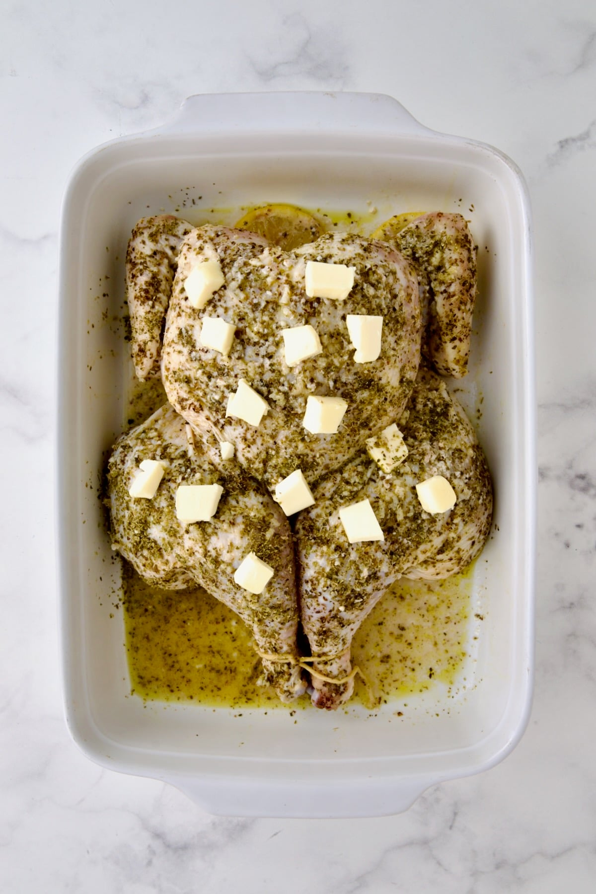 Spatchcocked fryer-size chicken smothered in olive oil, lemon juice, garlic and oregano ready to roast in white rectangular baking dish dotted with butter.