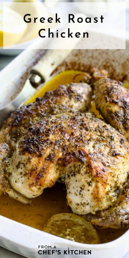 Pinterest graphic for Greek Roast Chicken showing it in a rectangular white baking dish.