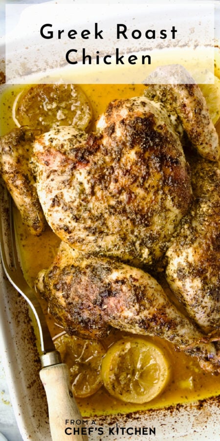 Pinterest graphic for Greek Roast Chicken showing it in a rectangular white baking dish.