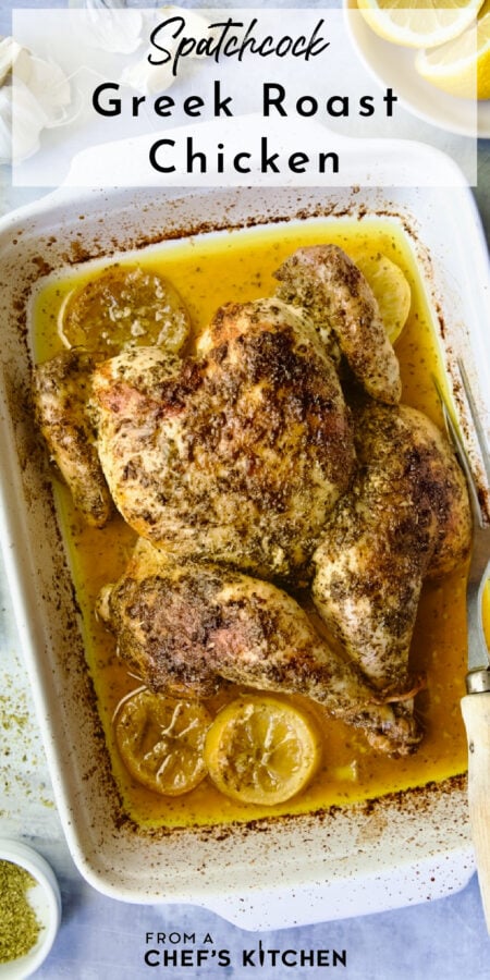 Pinterest graphic for Greek Roast Chicken showing it in a rectangular white baking dish.