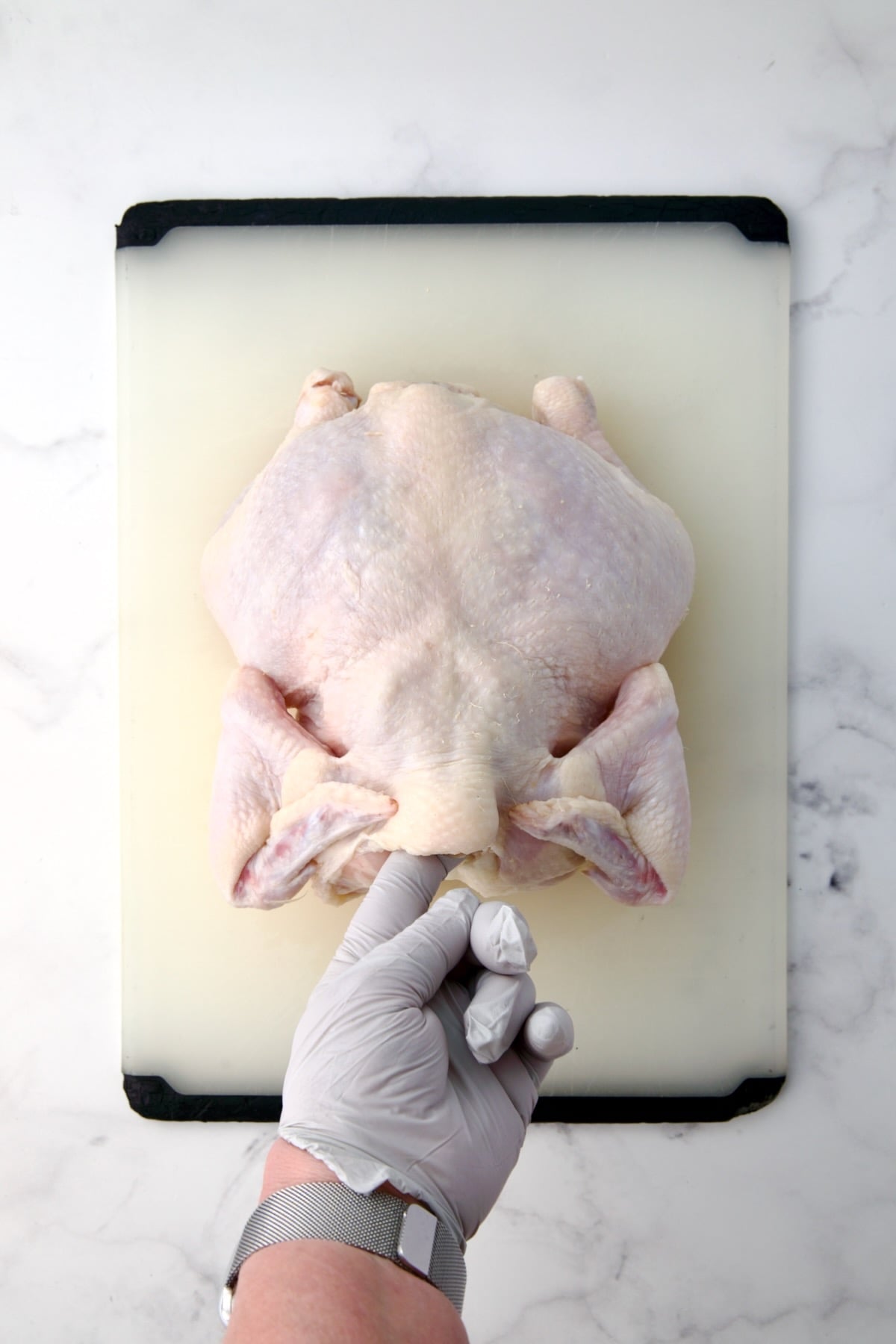 Fryer-size chicken breast side down on white plastic cutting board with gloved hand depicting where backbone is.
