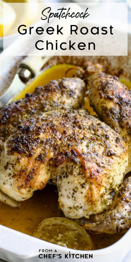 Pinterest graphic for Greek Roast Chicken showing it in a rectangular white baking dish.