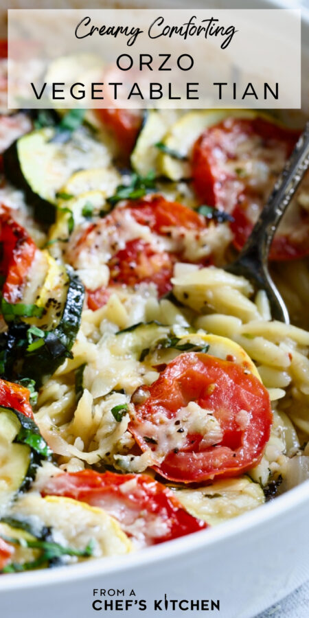 Pinterest graphic for Orzo Vegetable Tian showing it in a round white baking dish.