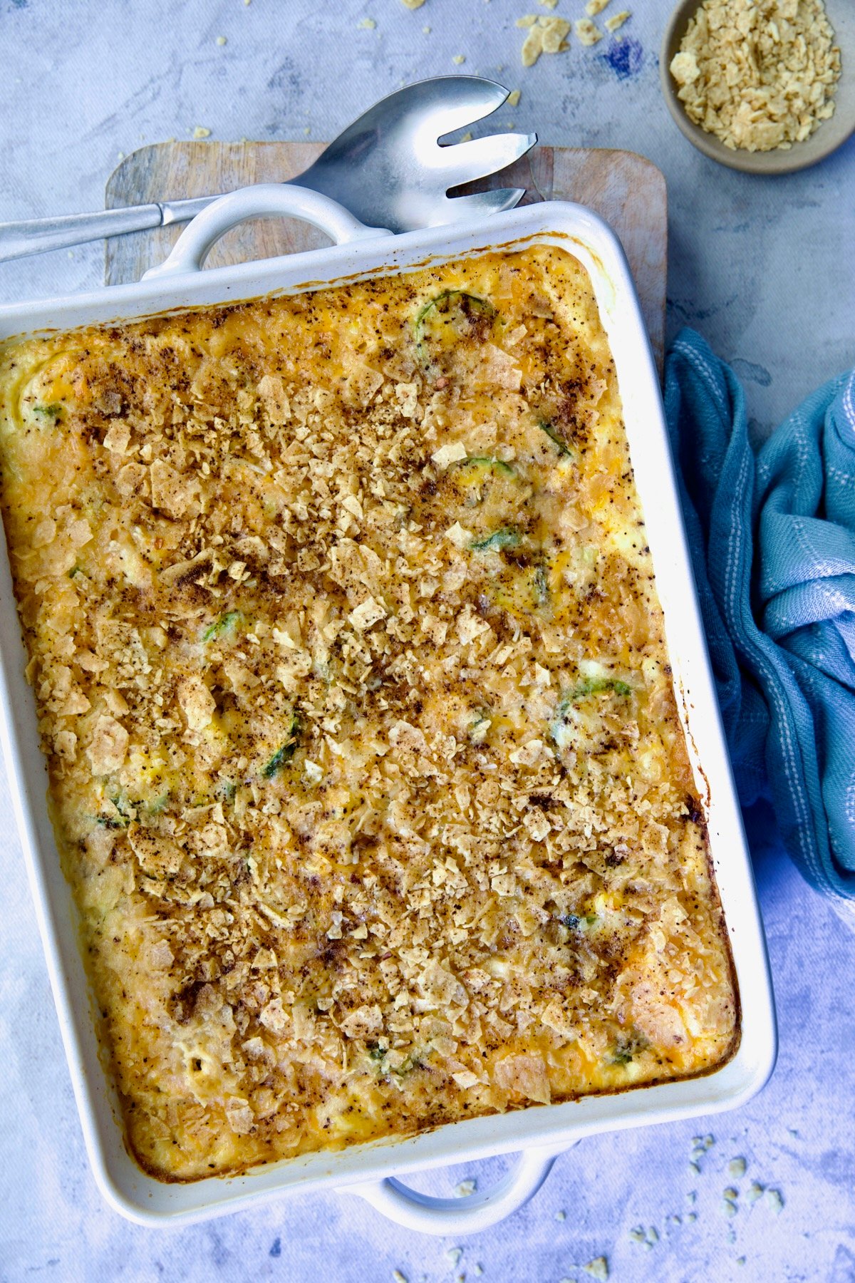 Baked Summer Squash Corn Poblano Casserole.