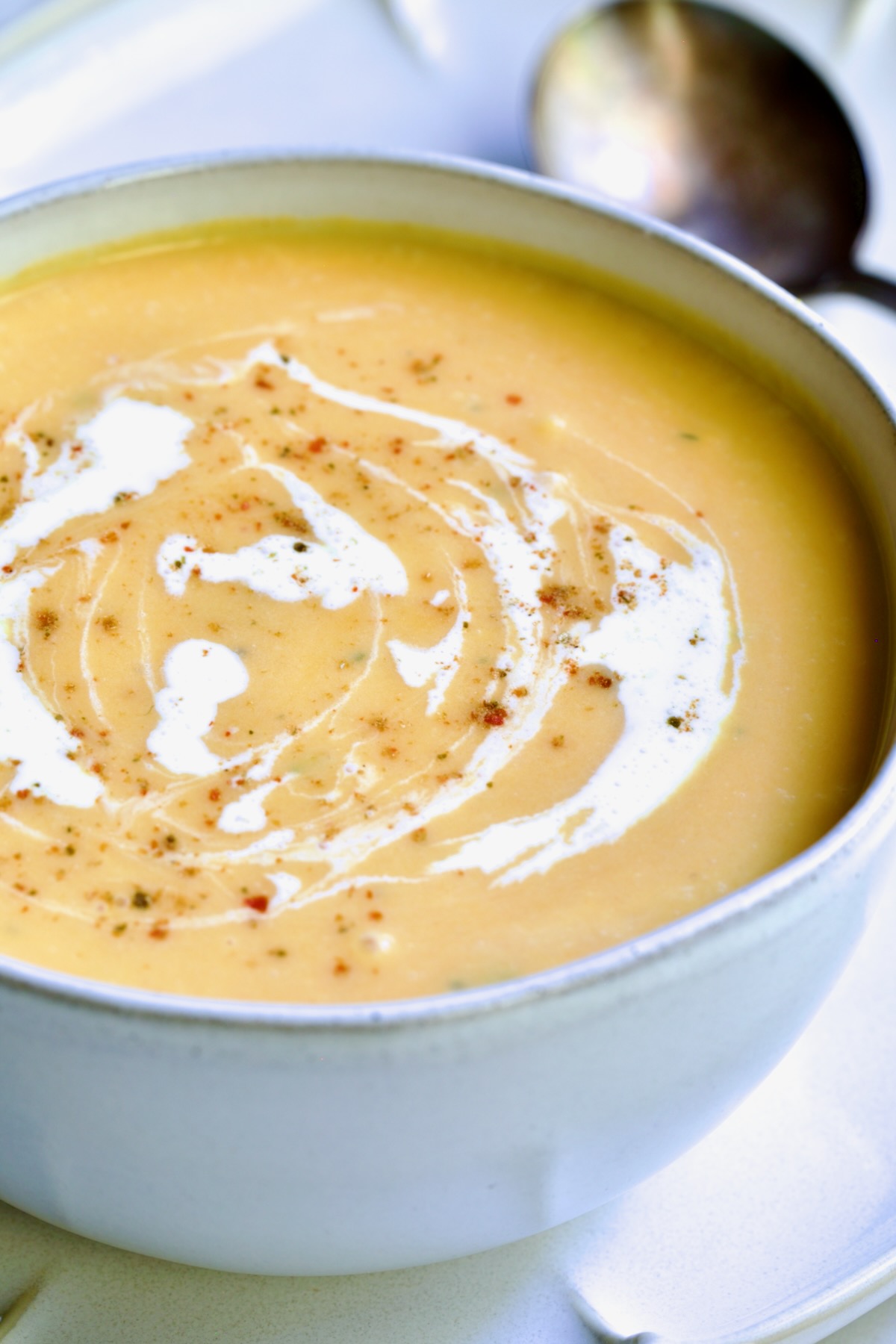 One serving of Butternut Squash Brie Soup in white bowl.