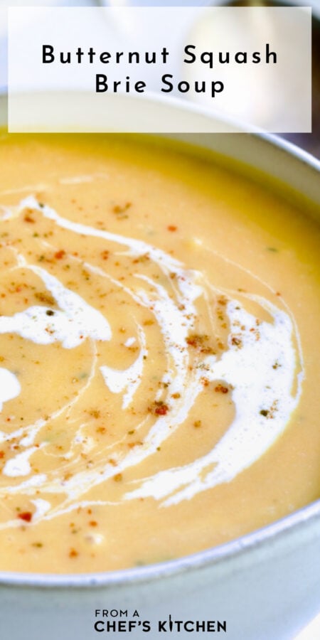 Pinterest graphic for Butternut Squash Brie Soup showing close-up of one bowl.