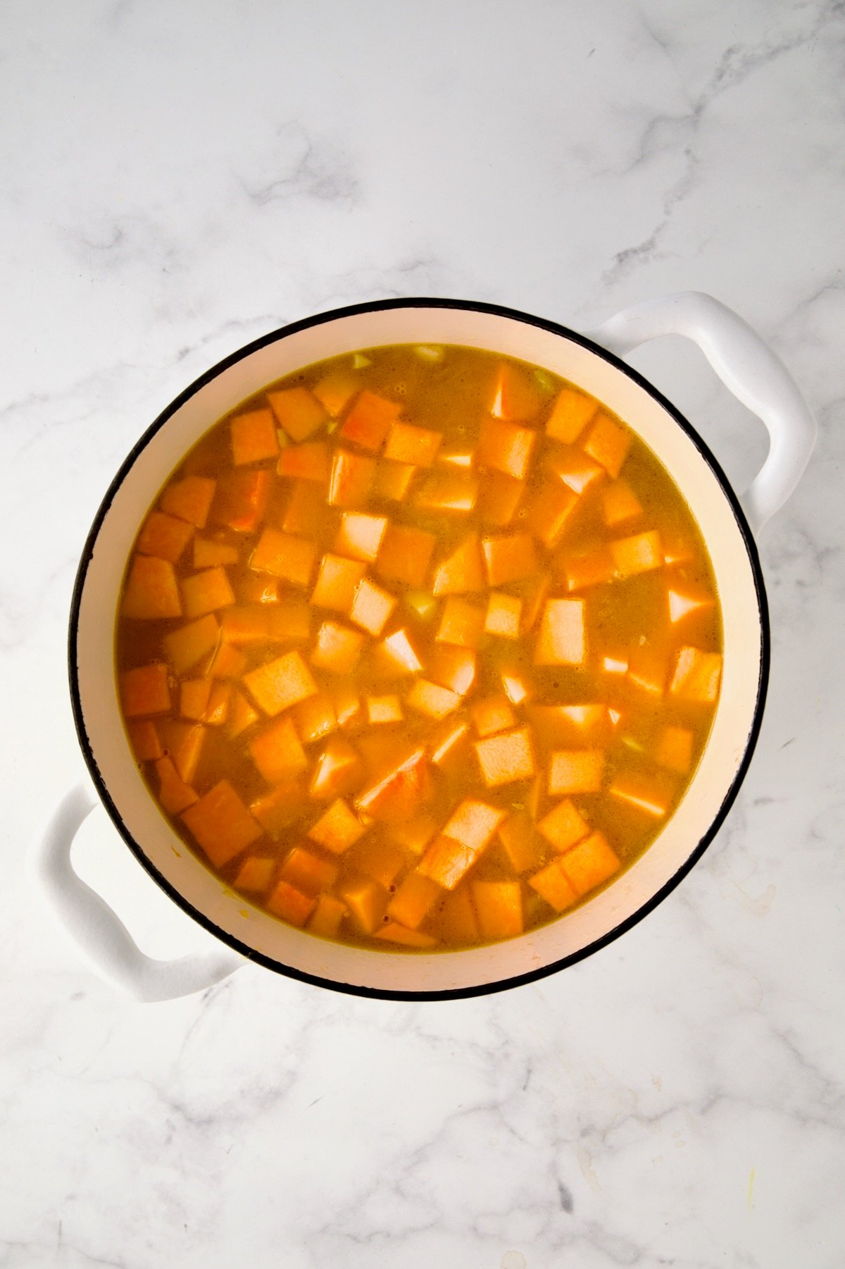 Cubed butternut squash and chicken broth added to vegetables in white enamel Dutch oven.