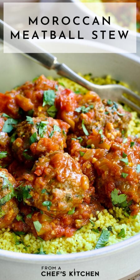 Pinterest graphic for Moroccan Meatball Stew showing one serving over couscous in white bowl.