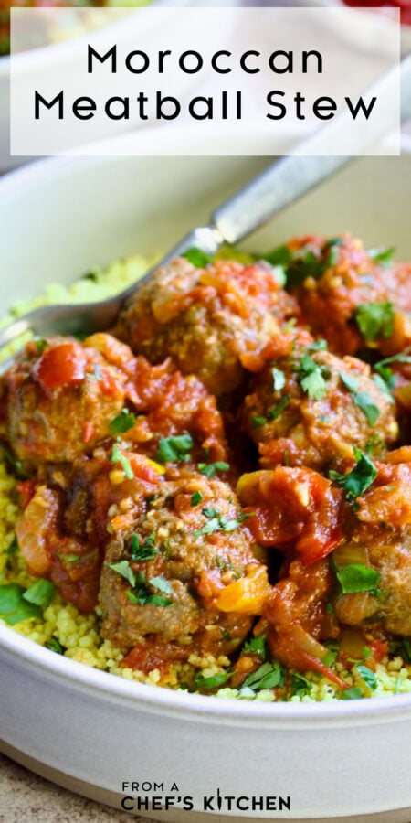 Pinterest graphic for Moroccan Meatball Stew showing one serving over couscous in white bowl.