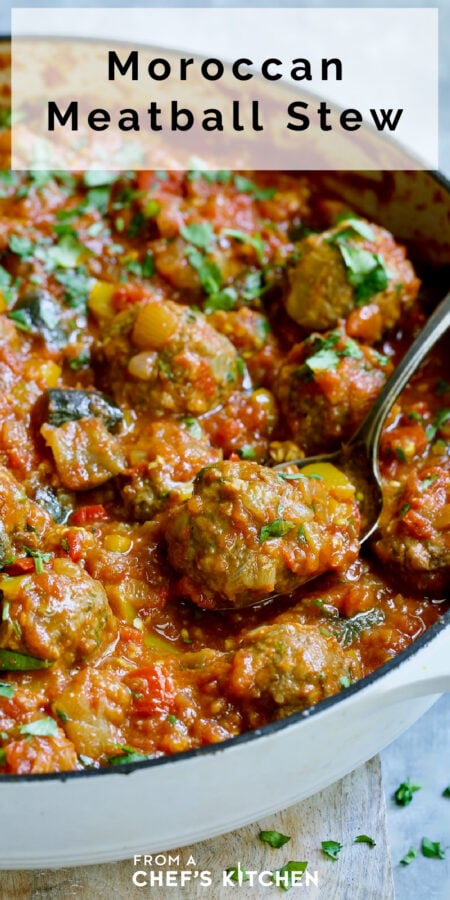Pinterest graphic for Moroccan Meatball Stew showing it in a white enamel cast iron skillet.