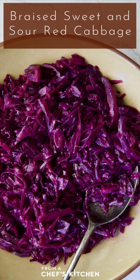 Pinterest graphic for Sweet and Sour Red Cabbage showing it in an earthenware bowl with serving spoon.