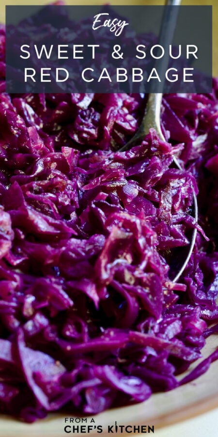 Pinterest graphic for Sweet and Sour Red Cabbage showing it in an earthenware bowl with serving spoon.
