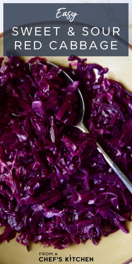 Pinterest graphic for Sweet and Sour Red Cabbage showing it in an earthenware bowl with serving spoon.